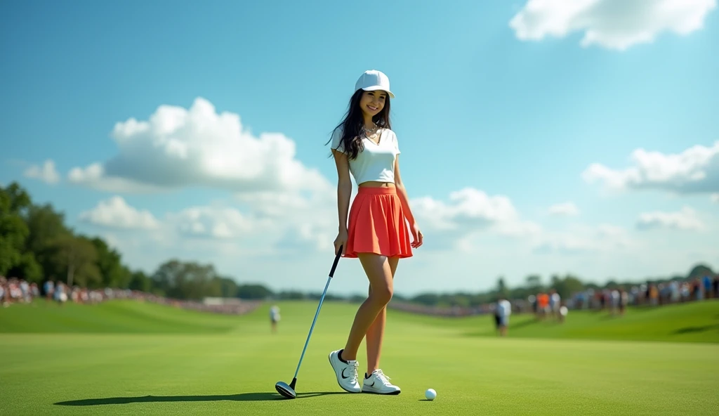Make an Asian female model photo for a golf tournament poster, Full shot, The clothes are short skirts, sexy body, Make a golf ball in the background, nike golf shoes, accurate, high details, super detail, high quality, best quality, highres, masterpiece, Please fill in the background,