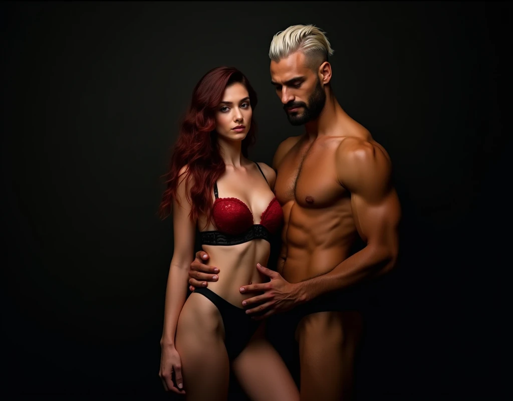 A young woman, pale skin, vibrant maroon long wavy side-parted hair, red/black bra and red/black . Towering behind her, an extremely tall 33-year-old attractive Arabic male model, short platinum blond textured short cut swept-back, long black stubble, tan-brown skin, lean body, hands on her waist. Inside a black modern bedroom, low lighting
