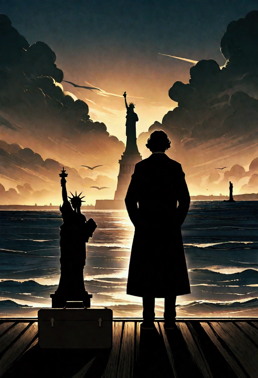 "A scene showing a steamship sailing across the Atlantic Ocean, with a determined Albert Einstein standing on the deck, looking towards the horizon. He is dressed in a simple coat, holding a suitcase. The background shows the vast ocean and the distant silhouette of the Statue of Liberty, symbolizing his journey to America."