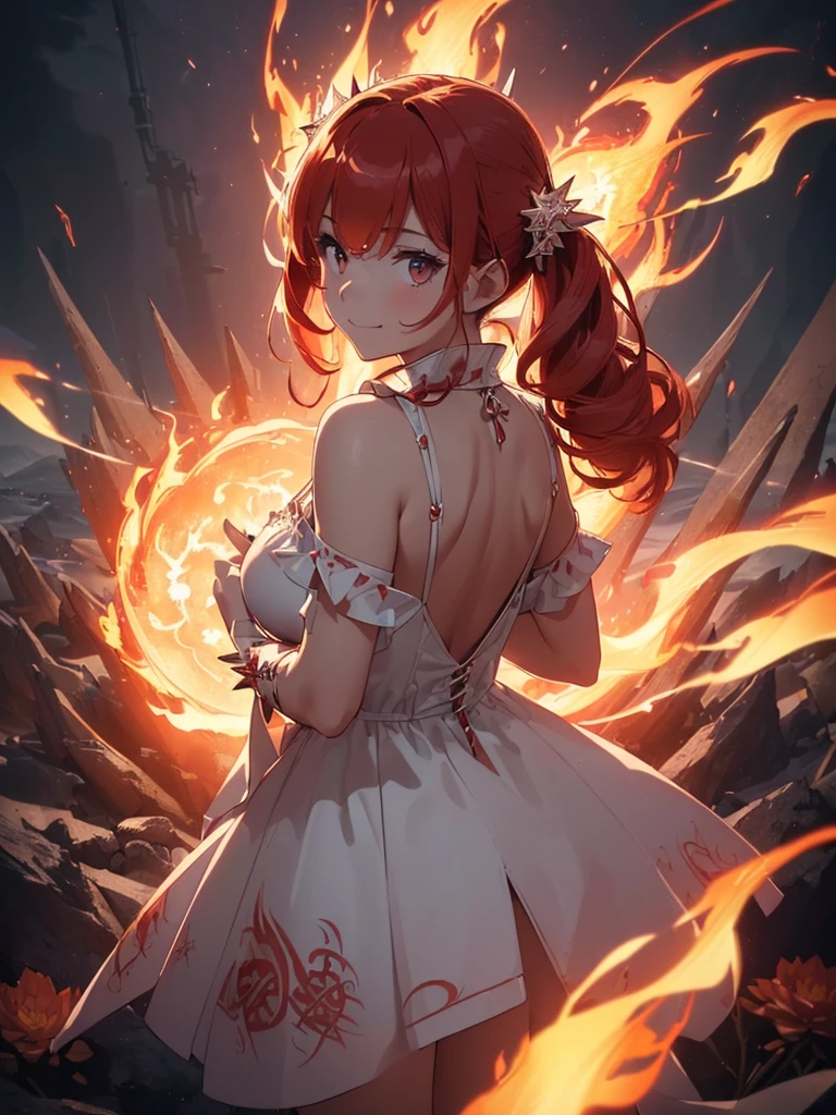 (((best quality, sharp image, clear image, cinematic lighting, 8k resolution, masterpiece, ultra detailed, intricate))) Girl, (((looking over right shoulder))), (shot from behind), ((half shot)), fiery red hair, pigtails, (white dress), ((flaming sigils, flaming runes)), spiky rock formations, (flaming lotus flowers), busy background, (swirling flames), smiling