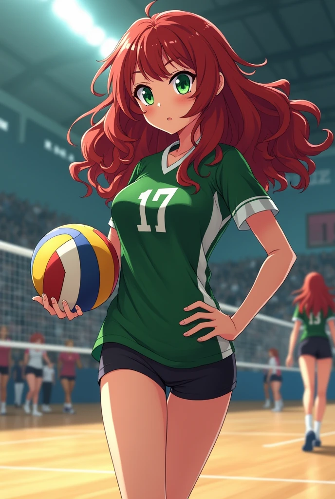 Make an anime character with Haikyuu's features, This character is white with green eyes and long, curly, dark red hair. (She's a grown-up, She should be around 17-18 years old, Don't make her with childish features.) (WITH THE SAME DESIGN STYLE AS HAIKYUU) (DON'T MAKE HER SEXUAL)