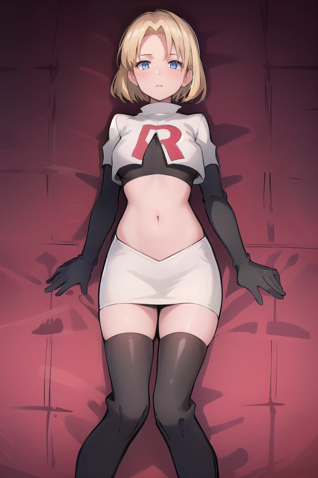 best quality, (masterpiece:1.2), illustration, absurdres, (1girl, solo, beautiful detailed girl),
 Theresia Caroline, short hair, blonde hair, blue eyes, medium breasts,
garrison cap, team rocket,team rocket uniform,white skirt,red letter R,crop top,black thigh-highs,black elbow gloves,
looking at viewer,