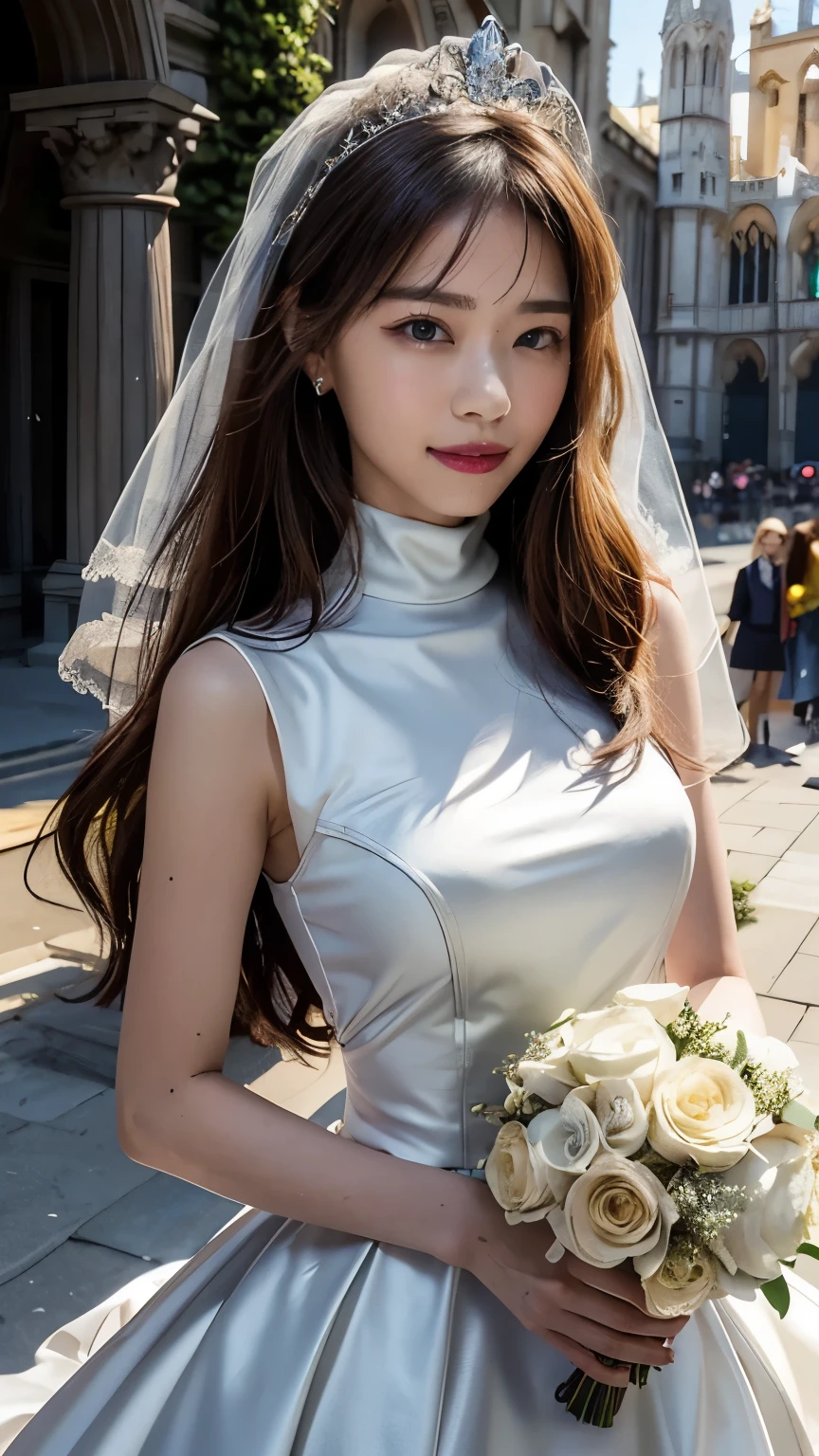 8,000 people, Ultra HD, masterpiece, Highest quality, Just One Girl, very pretty, Nice face, Detailed eyes, LOL, Glossy Lips, Detailed eyes, Mid-chest, beautiful, Cute Teen, sweet, Sun glare, Conservative dress, Turtle neck wedding dress, Bridal Tiara, Bridal Veil, bouquet, Depth of written boundary, Blurred Background, with a cathedral background, Particles of light, Strong winds, Tilt your head, Long Hair