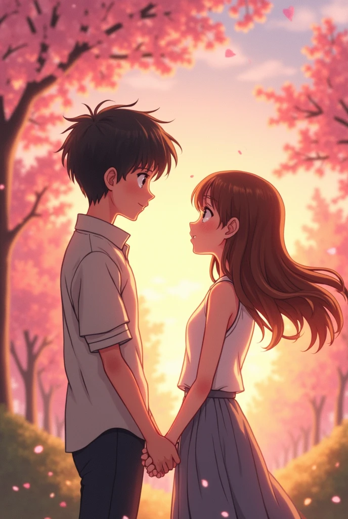 A heartwarming anime-style scene featuring a young boy 27 year and girl 22 year standing under blooming cherry blossom trees at sunset. The boy has black tshirt messy black hair and wears a light-colored shirt and dark pants, while the girl has long, flowing brown hair and wears a white sleeveless top with a gray skirt. They face each other with gentle expressions, bathed in the warm, golden light of the setting sun. Pink cherry blossom petals float softly around them, creating a serene and romantic atmosphere. A boy try to love touch this girl, but girl distance "