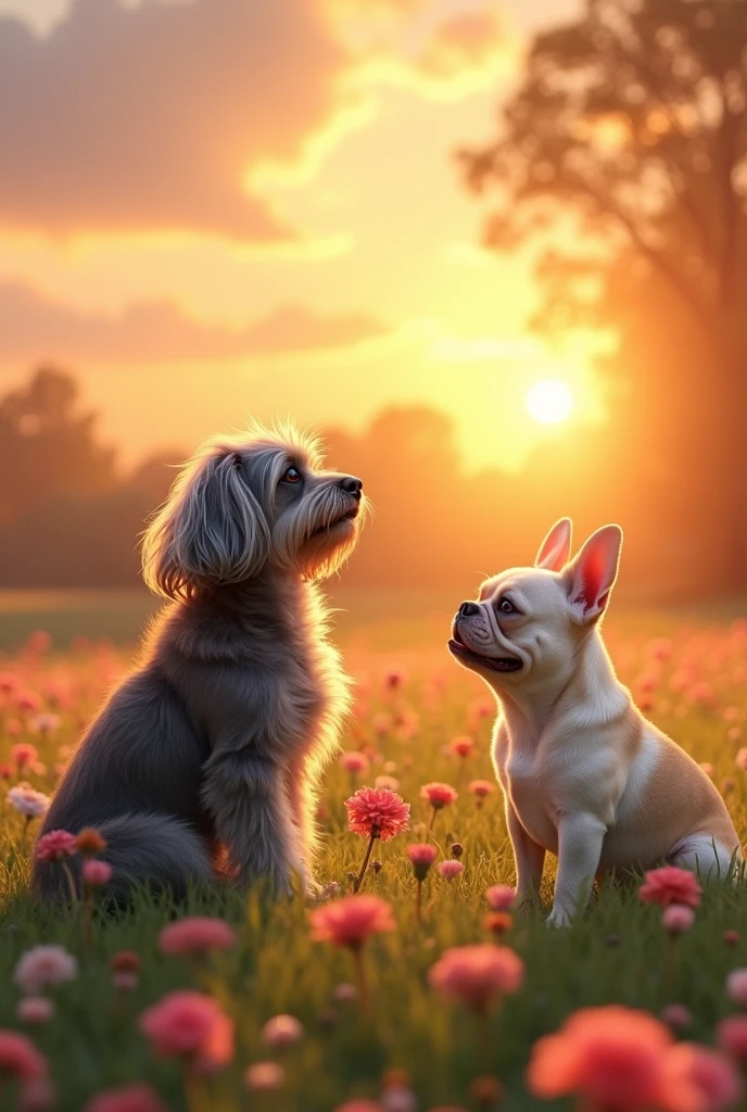Could you illustrate it in an image?, he arriving in heaven which would be a field with flowers and a sunset, several dogs in the background.
He will be welcomed by a lhasa, She is a little smaller than him, slim, dark gray pulling towards black with some white hairs of old age, She will be looking at him. The French Bulldog is cream colored, quite chubby, with pink ears and is smiling and happy
I want the image with soft colors. May he show peace and happiness upon his arrival in heaven.