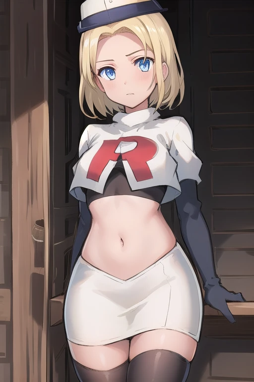 best quality, (masterpiece:1.2), illustration, absurdres, (1girl, solo, beautiful detailed girl),
 Theresia Caroline, short hair, blonde hair, blue eyes, medium breasts,
garrison cap, team rocket,team rocket uniform,white skirt,red letter R,crop top,black thigh-highs,black elbow gloves,
looking at viewer,