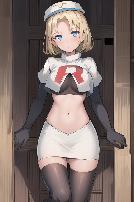 best quality, (masterpiece:1.2), illustration, absurdres, (1girl, solo, beautiful detailed girl),
 Theresia Caroline, short hair, blonde hair, blue eyes, medium breasts,
garrison cap, team rocket,team rocket uniform,white skirt,red letter R,crop top,black thigh-highs,black elbow gloves,
looking at viewer,