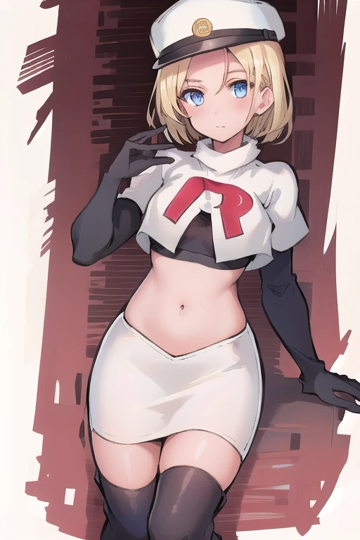 best quality, (masterpiece:1.2), illustration, absurdres, (1girl, solo, beautiful detailed girl),
 Theresia Caroline, short hair, blonde hair, blue eyes, medium breasts,
garrison cap, team rocket,team rocket uniform,white skirt,red letter R,crop top,black thigh-highs,black elbow gloves,
looking at viewer,