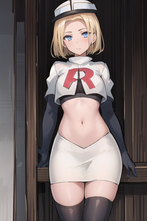 best quality, (masterpiece:1.2), illustration, absurdres, (1girl, solo, beautiful detailed girl),
 Theresia Caroline, short hair, blonde hair, blue eyes, medium breasts,
garrison cap, team rocket,team rocket uniform,white skirt,red letter R,crop top,black thigh-highs,black elbow gloves,
looking at viewer,