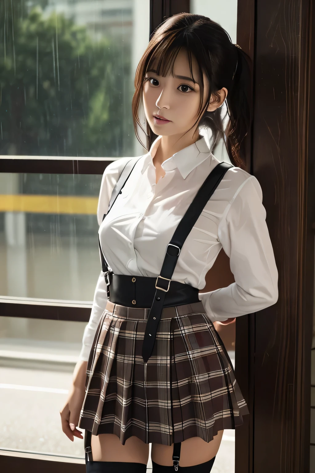 1 female, , high quality, masterpiece, Ultra-high resolution, Cinema Lighting, 1 female, , high quality, masterpiece, Ultra-high resolution, , Cinema Lighting, suspenders Moderate breasts Small face Looking up Sweat Thin belt buzzer 脇Sweat garter belt Belt on pants holster Hands behind your back Looking up Anxious face Knee-high Knee socks Knee-highソックス garter ふとももにgarter belt Checkered mini skirt Panty shot Skirt gap Armament holster holster Hands behind your back Anxious expression Anxious face, legs apart Armament Leg Holster holster See-through clothing heavy rain Rain-soaked dress shirt,Moderate breasts ガーターbelt suspenders Garter on the thigh Checkered mini skirt Looking up Pause belt Armpit sweat Hands behind back Raise your hands