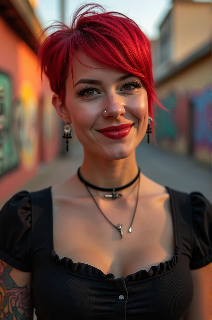 young woman, short red haired undercut, chubby with a sly smirk. piercings: septum, snake bites and a bridge.