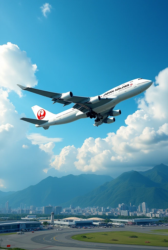 O boeing 747 da Japan airlines decolou