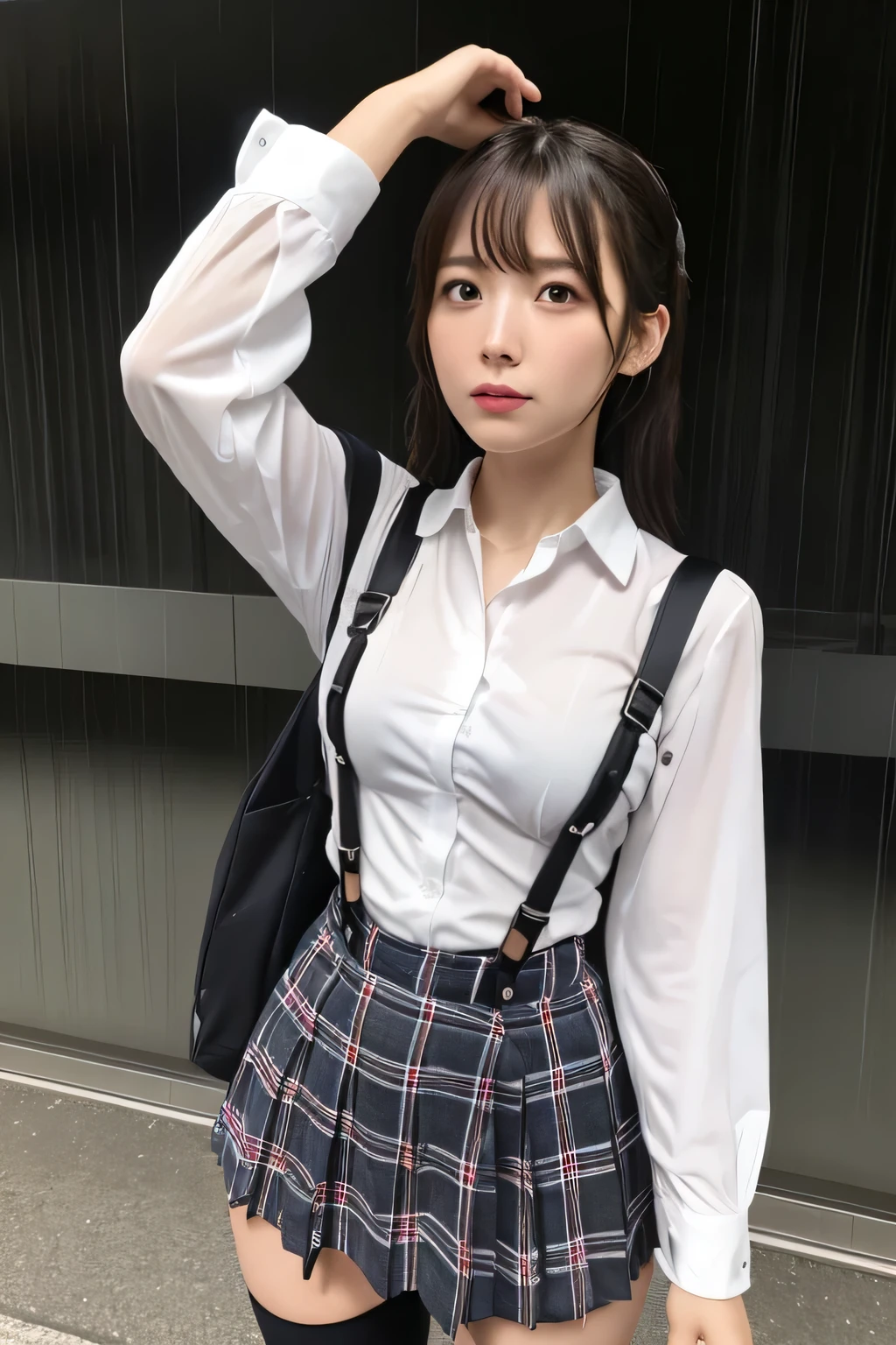 1 female, , high quality, masterpiece, Ultra-high resolution, Cinema Lighting, 1 female, , high quality, masterpiece, Ultra-high resolution, , Cinema Lighting, suspenders Moderate breasts Small face Looking up Sweat Thin belt buzzer 脇Sweat garter belt Belt on pants holster Hands behind your back Looking up Anxious face Knee-high Knee socks Knee-highソックス garter ふとももにgarter belt Checkered mini skirt Panty shot Skirt gap Armament holster holster Hands behind your back Anxious expression Anxious face, legs apart Armament Leg Holster holster See-through clothing heavy rain Rain-soaked dress shirt,Moderate breasts ガーターbelt suspenders Garter on the thigh Checkered mini skirt Looking up Pause belt Armpit sweat Hands behind back Raise your hands
