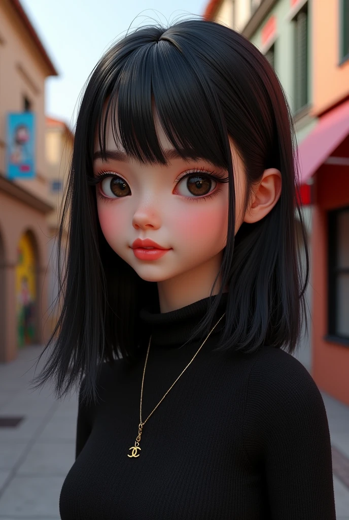3D Girl, Chanel black hair, slanted black eyes, Brunetette, simple smile.