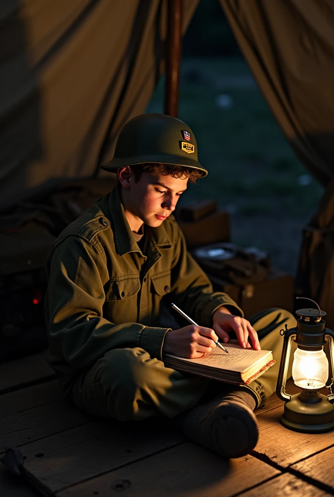 Young American soldier writing during World War II 
