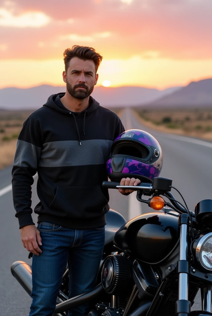A man standing next to a black motorcycle with a purple black helmet and dark blue clothes with a black and gray sweatshirt