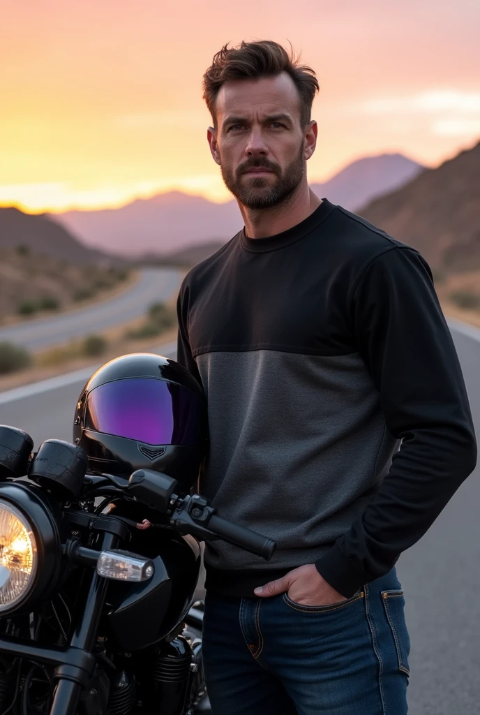A man standing next to a black motorcycle with a purple black helmet and dark blue clothes with a black and gray sweatshirt
