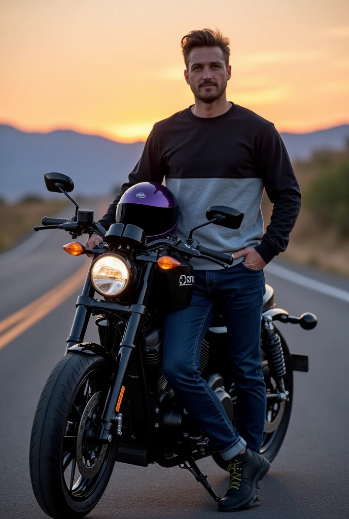 A man standing next to a black motorcycle with a purple black helmet and dark blue clothes with a black and gray sweatshirt 