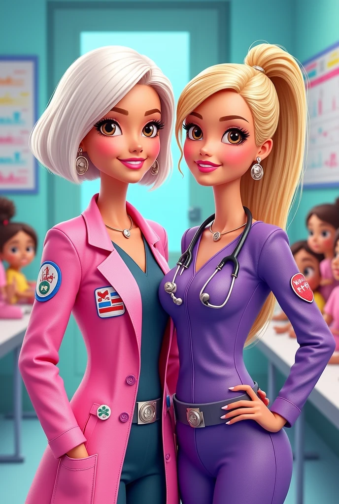 Two Barbie Doctor cartoons, one with brown eyes and white hair , and another with brown eyes and blonde hair , I wore pink and the other one purple