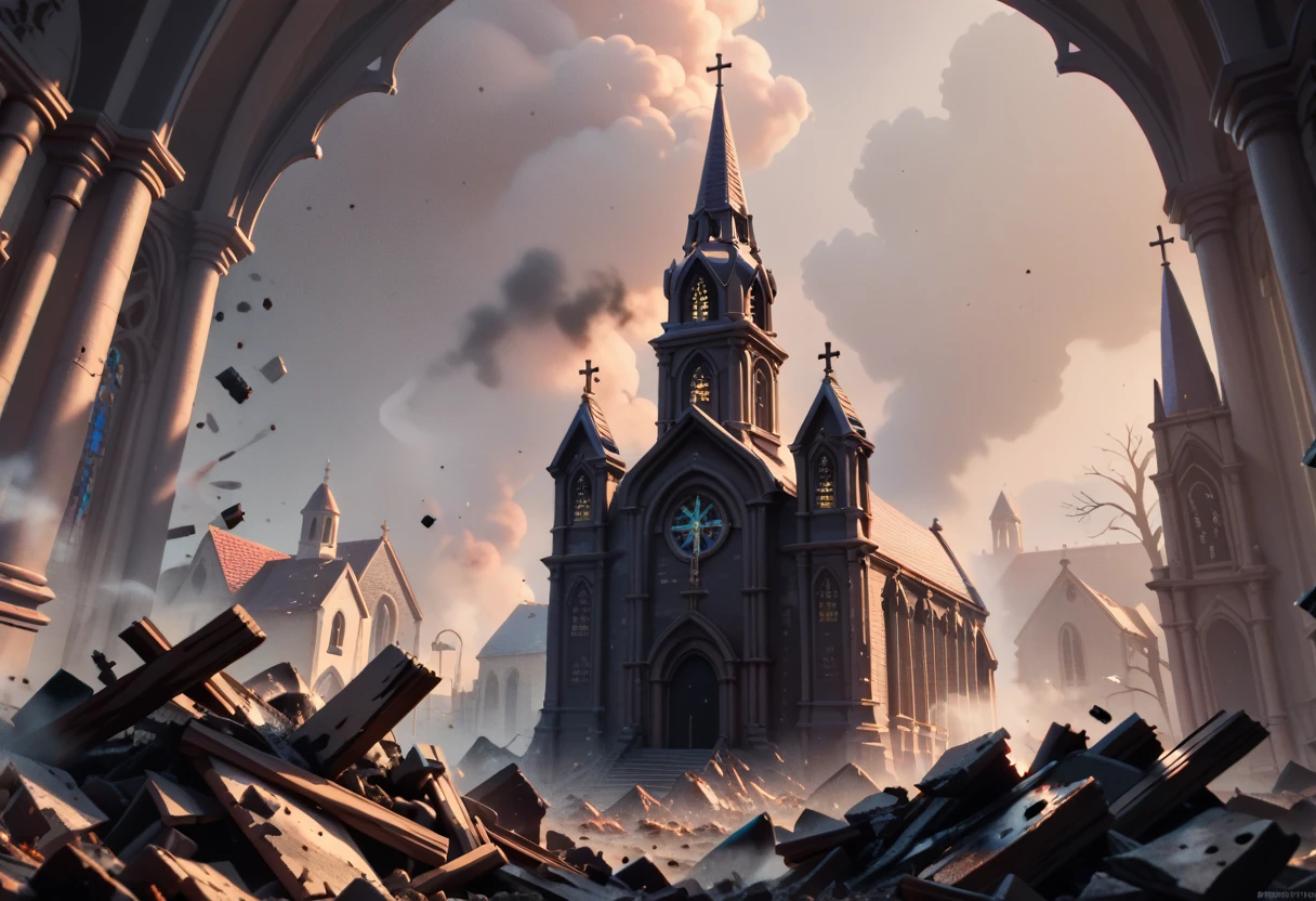 destroyed church interior, debris, smoke, afternoon, foggy, dark skies, masterpiece quality, ultra HD, 4K, best quality
