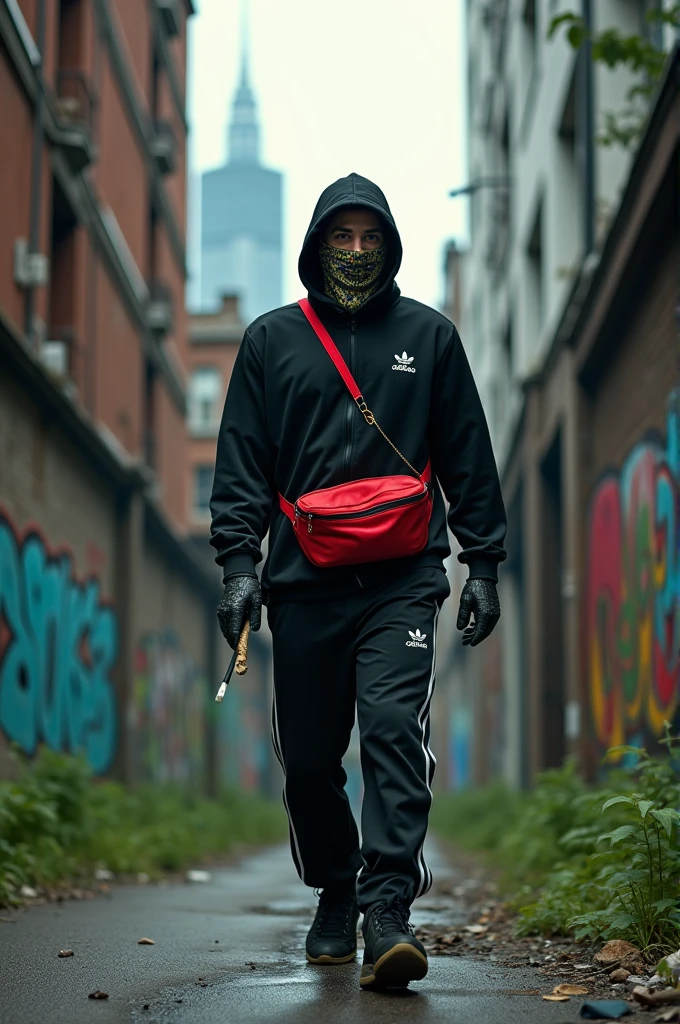 A dangerous man in an abandoned old big city. He's wearing a black Adidas tracksuit and a fanny pack, and a balaclava with a joint in his mouth in Super Mario style.