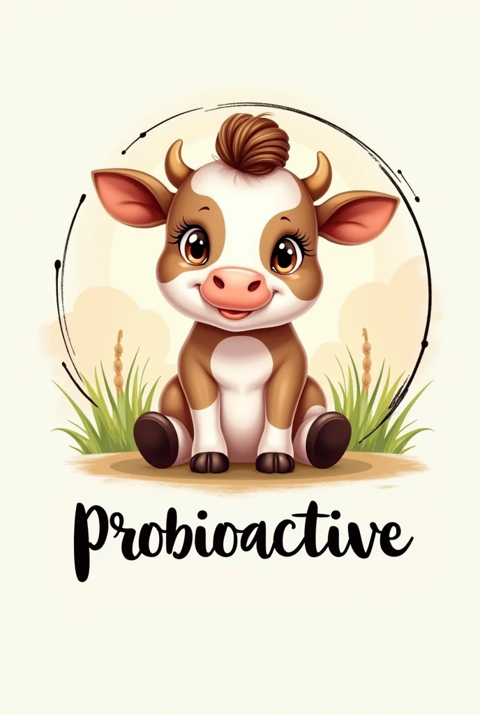 drawing of a cute beautiful cow with long eyelashes sitting with a bun a cow with four legs The image must be round with a black margin Below it must say Probioactive in cursive letters