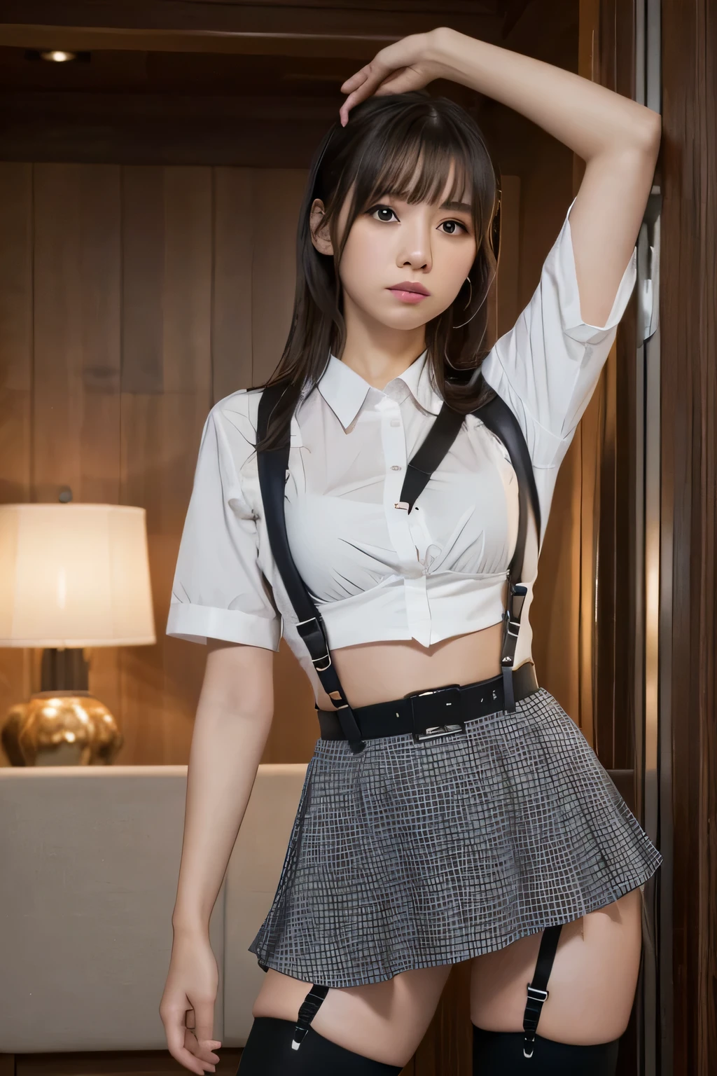 1 female, , high quality, masterpiece, Ultra-high resolution, Cinema Lighting, 1 female, , high quality, masterpiece, Ultra-high resolution, , Cinema Lighting, suspenders　　　Moderate breasts　 　 　　　　　 　　　　Small face　 　　　　　　　　　　　Looking up　　　　Sweat 　　　Thin belt　buzzer　脇Sweat 　　　　 　garter belt　　Belt on pants　　holster　 　　Hands behind your back　 　Looking up　Anxious face　Knee-high　Knee socks　Knee-highソックス 　garter　ふとももにgarter belt　Checkered mini skirt　 　　Panty shot　Skirt gap Armament　　　holster　holster 　　Hands behind your back　 Anxious expression　　Anxious face, legs apart　Armament　　Leg Holster　holster　See-through clothing　heavy rain　Rain-soaked dress shirt,Moderate breasts　ガーターbelt　suspenders　Garter on the thigh　Checkered mini skirt　Looking up　Pause　belt　Armpit sweat　Hands behind back　Raise your hands