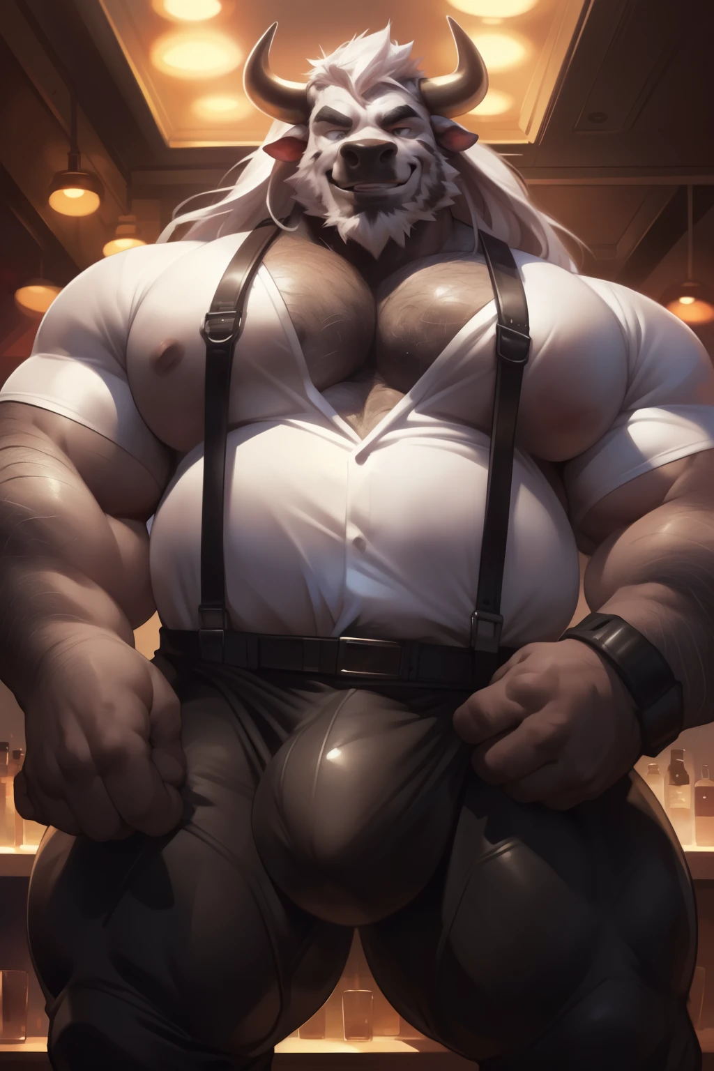 ((massive muscular, pumped hairy chest, huge hefty pecs):1.3), tall daddy male, (black skinned anthro bull:1.3), furry bull wearing ((super tight white silk shirt with leather suspenders:1.2)), ((white mid long hair, white beard):1.4), bull horns, daddy, testosterone, bulge, bar, bartender, ((muscular, hefty pecs, hairy torso,):1.3), confident, bearded , thicc, lowres, giant and muscular, , heavy detailed, insanely inflated hips, proportionally arms, commission for high res, detailed but rough, extremely hot and sexy, Daddy figure, hot daddy, by darkgem, by zixiong, by glitter trap boy, ((smiling at the viewer):1.3), big bulge
