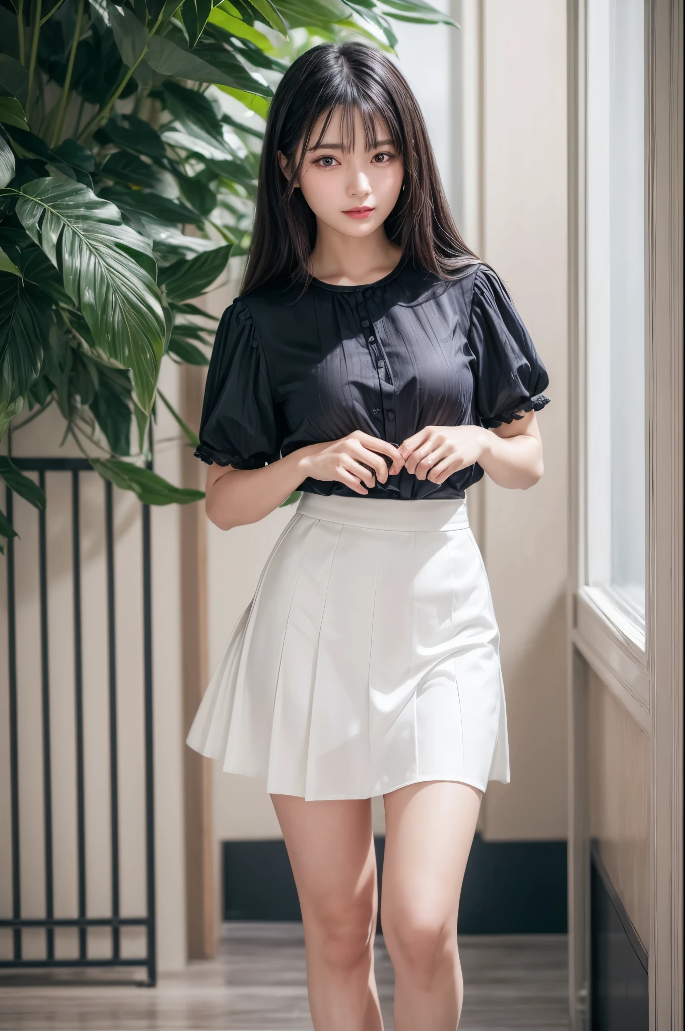 ((Best image quality、8k、masterpiece：1.3))、Realistic high-quality photos、Highest quality、Beautiful and elegant face and eyes、Black Hair、Shiny Hair、 OL、Wearing a short-sleeved blouse、Wear a long skirt、Full Body Shot.