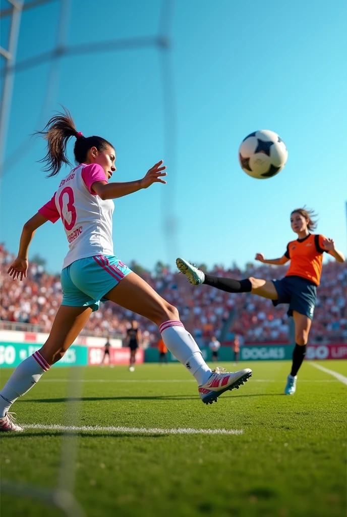 Woman in white, light blue and pink soccer uniform, kicking the ball towards the goal and missing, women's soccer cleats adidas. Goalkeeper diving for the ball, wide shot, goal fails