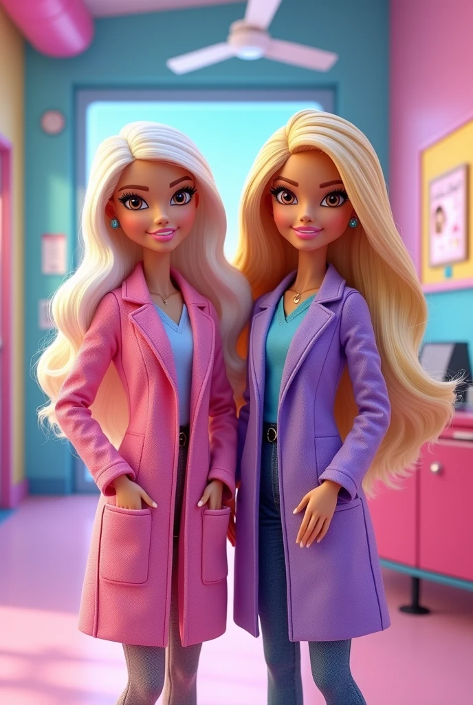 Two Barbie Doctor cartoons, one with brown eyes and white hair  , and another with brown eyes and blonde hair , I wore pink and the other one purple