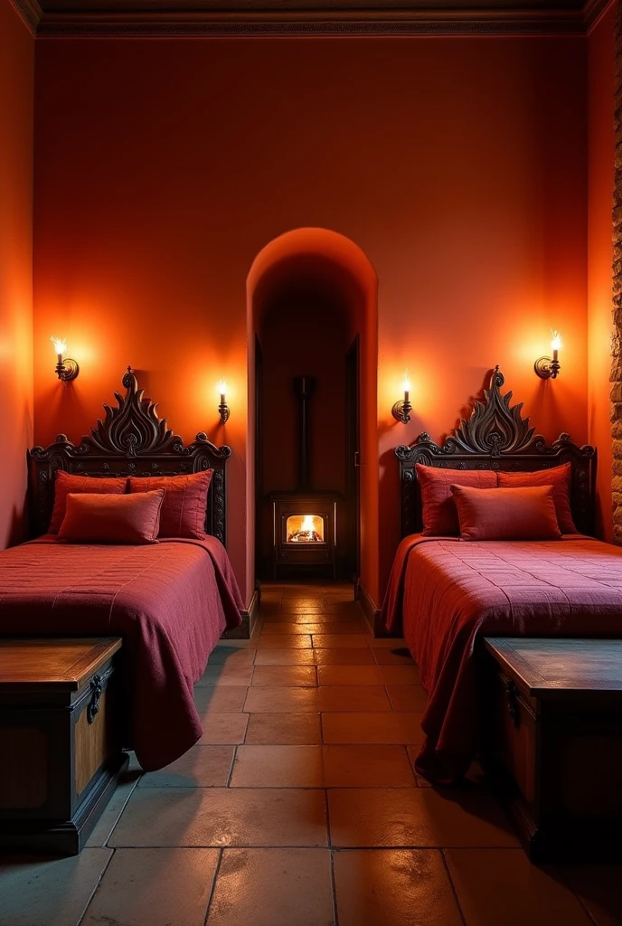 the large bedroom has 2 single beds, one on each wall, with good space between them. the walls have a slightly reddish color. Beds feature ornate headboards that often include details that evoke flames. each room is equipped with a smaller fireplace or heat source, providing a comfortable and welcoming environment. The decor is rustic, with furniture and accessories that complement the fire theme and create a comfortable space for residents. There is a wooden closet and rustic chests in front of the bed. the sheets and pillowcases are also reddish, and the room is lit by torches