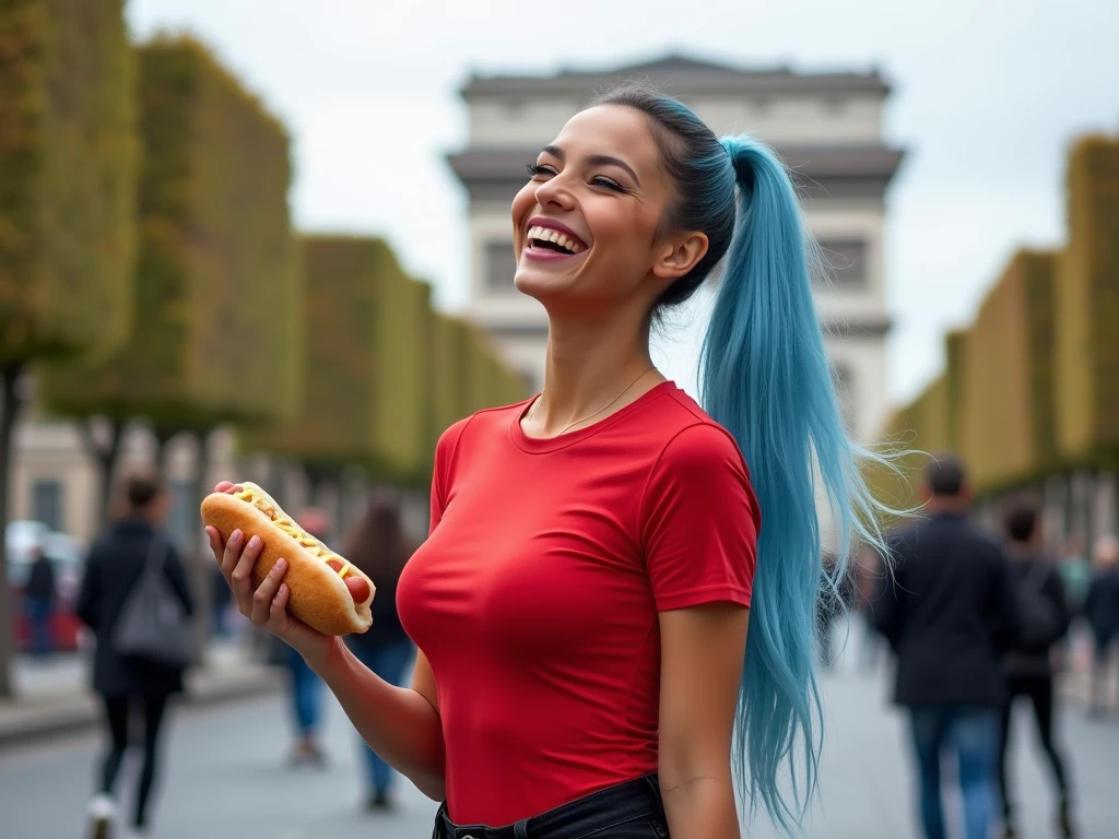 a beautiful biracial latina woman, long ponytail light blue hair, light blue eyes,big large breasts, wear red t-shirt low, black jeans and black shoes, in paris street, close to The triumphal arch, eating hot dog, Résolution Haute, extremely detailed full body,
