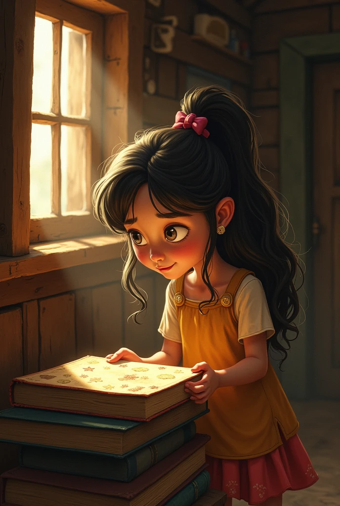 Lúcia, a curious and energetic girl, exploring the attic of her house
grandmother. Show old boxes, forgotten toys and a slightly dusty environment. The attic should have soft lighting that highlights the old notebook covered in
dust with a bright cover of stars and clouds.  Lúcia must seem fascinated when she finds the notebook.