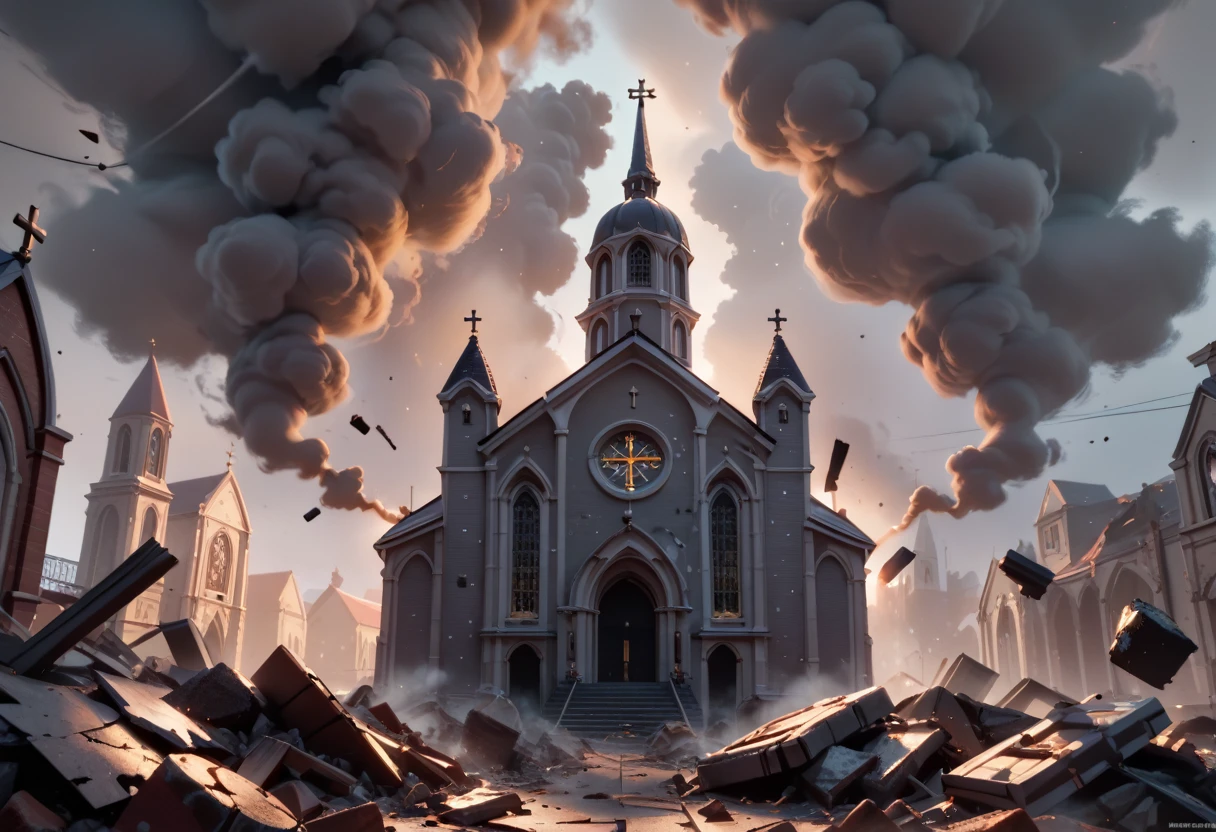 destroyed church interior, debris, smoke, foggy, masterpiece quality, ultra HD, 4K, best quality