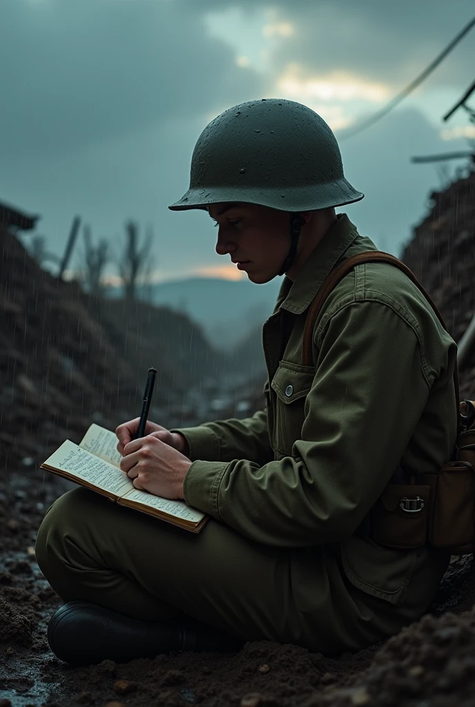 Young American soldier with helmet writing during World War II in the rain 