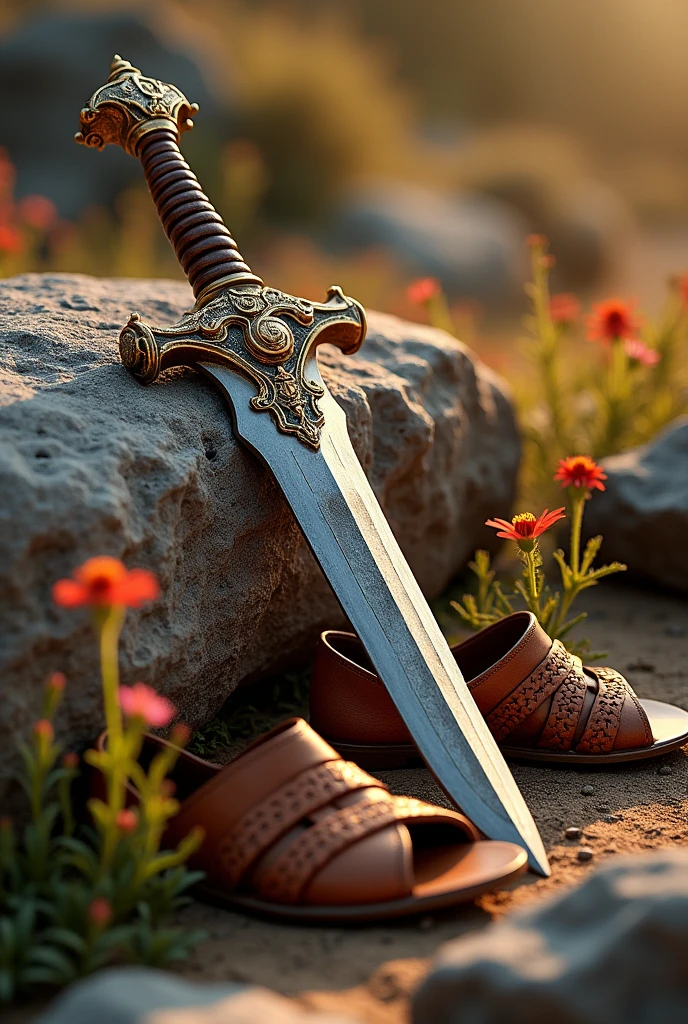 a sword from ancient Greece and sandals under a rock
