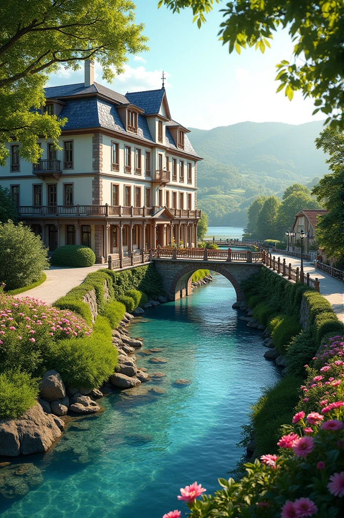 Draw a large, beautiful 4-story hotel surrounded by a crystal-clear stream with a bridge leading to the street in front of it., surrounded by nature and it is beautiful, A rural setting with two pools, one for children and the other for adults, and a cycling path as well 