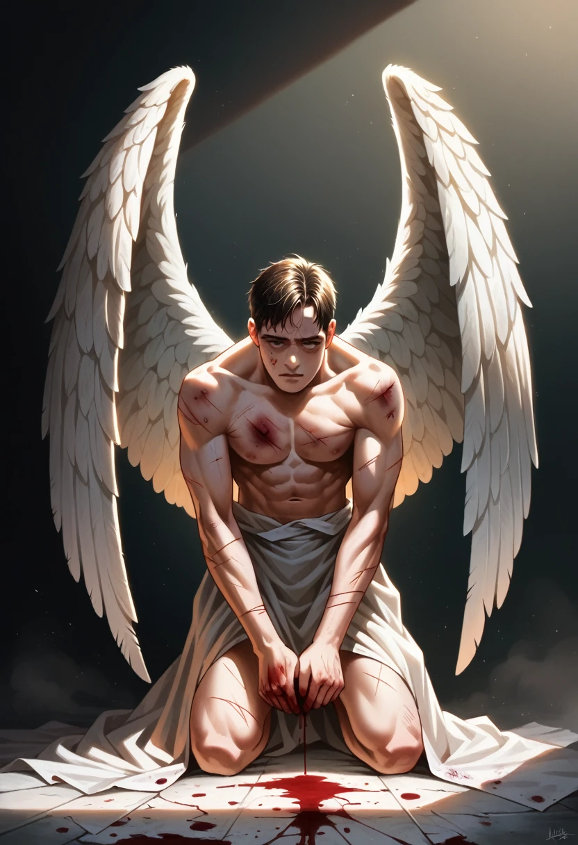 1 boy, anime, angel, wings, angel wings, wounded, bruised, blood, broken wing, kneeling, detailed face, detailed eyes, 8k, ultra-detailed, masterpiece, cinematic lighting, dramatic lighting, moody atmosphere, dark fantasy, dramatic composition, emotional, Three-dimensional, looking beyond