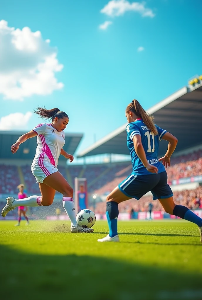 Woman in white, light blue and pink soccer uniform, kicking the ball towards the goal and missing, Adidas women's soccer cleats. Goalkeeper diving for the ball, wide shot, goal fails
