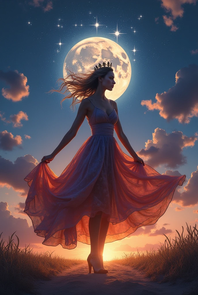 A furious woman, sun dress, having the moon under her feet and a crown of twelve stars on her head