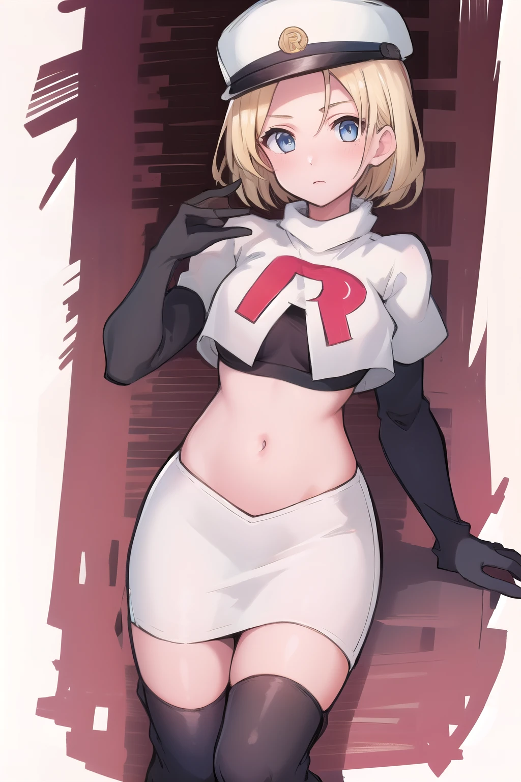 best quality, (masterpiece:1.2), illustration, absurdres, (1girl, solo, beautiful detailed girl),
 Theresia Caroline, short hair, blonde hair, blue eyes, medium breasts,
garrison cap, team rocket,team rocket uniform,white skirt,red letter R,crop top,black thigh-highs,black elbow gloves,
looking at viewer,