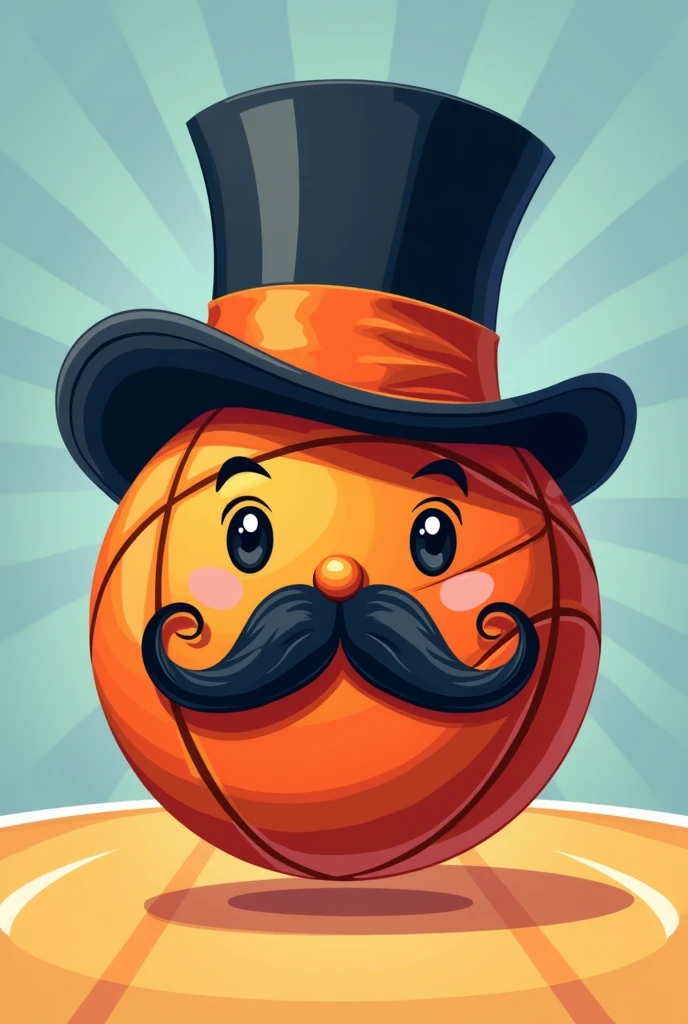 A logo with a basketball with a handlebar mustache and a cartoon black top hat 