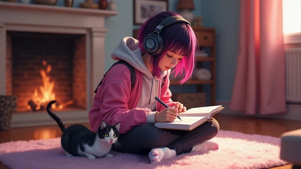 A beautiful young e-girl, wearing headphones, stylish pink and black clothing, and toe-less socks, is sitting cross-legged on a cozy rug, writing in a notebook. The scene is set in a warm, inviting room with a crackling fireplace in the background. A curious kitten with heterochromatic eyes is sitting nearby, watching intently as she writes. The image should be highly detailed and artistic, with a 16:9 aspect ratio.