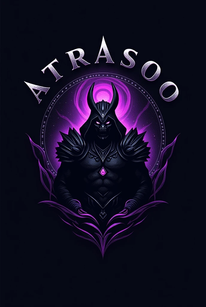 A logo for a clan called ATRASOO, with a variation of black and purple colors, with a symbol of a dark character in the center