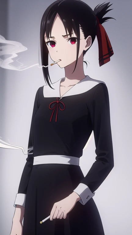 kaguyashinomiya, kaguya shinomiya, short hair, bangs, black hair, (red eyes:1.3), hair ribbon, sidelocks, folded ponytail, (parted bangs:1.5),
BREAK long sleeves, dress, ribbon, school uniform, collarbone, black dress, sailor collar, white sailor collar, red ribbon, neck ribbon, shuuchiin academy school uniform,
BREAK indoors, classroom,
BREAK looking at viewer, (cowboy shot:1.5),
BREAK (masterpiece:1.2), best quality, high resolution, unity 8k wallpaper, (illustration:0.8), (beautiful detailed eyes:1.6), extremely detailed face, perfect lighting, extremely detailed CG, (perfect hands, perfect anatomy), (Smoking a cigarette:1.5), One cigarette, Cigarette smoke, A displeased expression, glaring at me