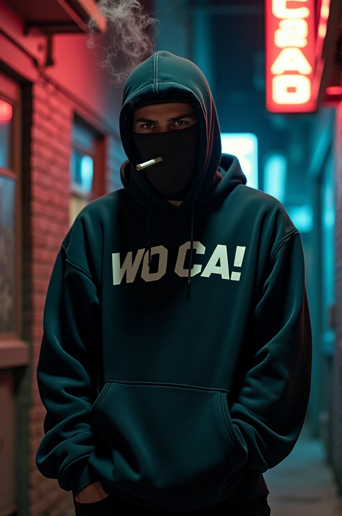 a dangerous-looking man with a balaclava with a baggy WO CA! on it and a joint in his mouth. the man is wearing a tracksuit and a deep cap