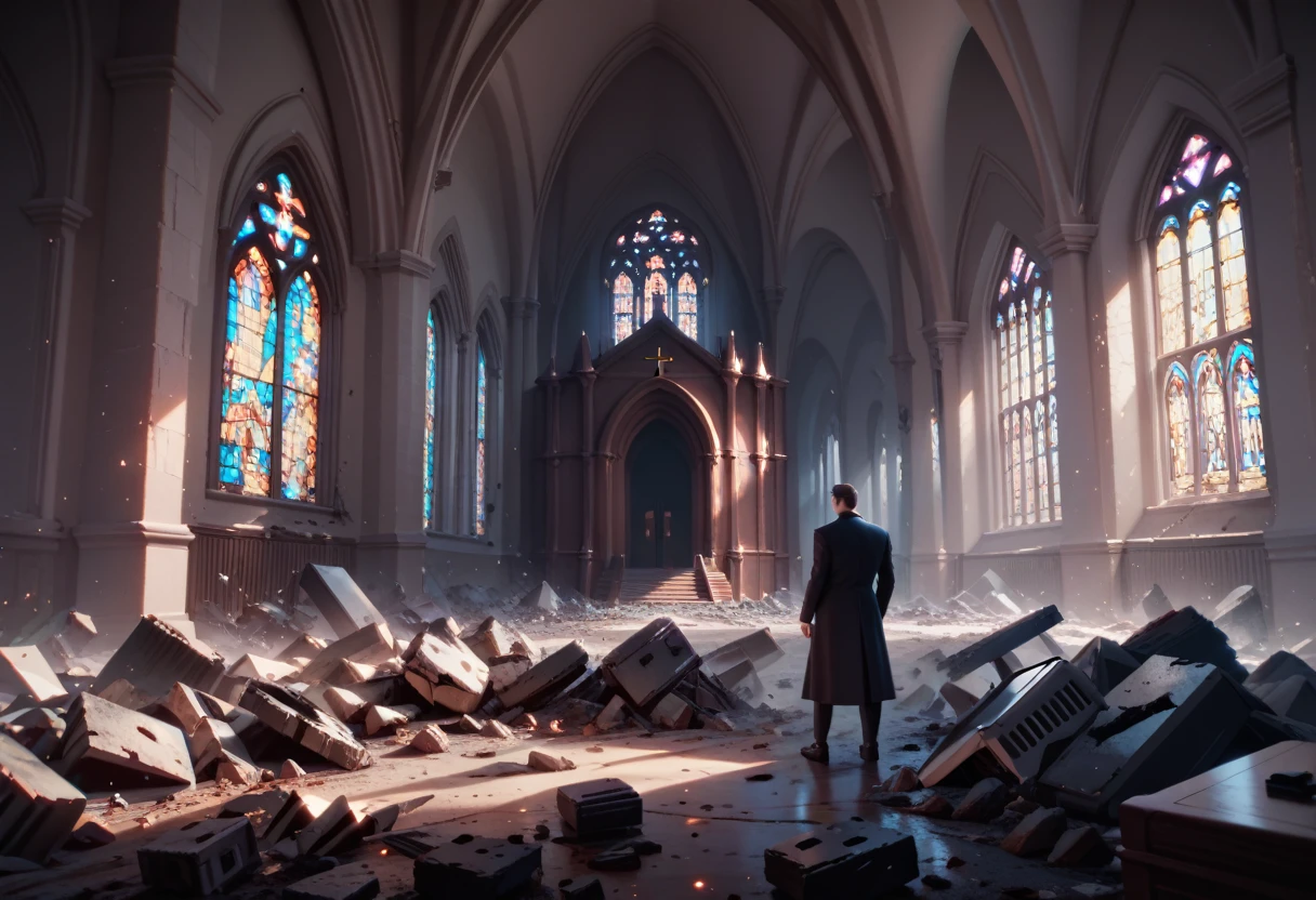 church interior, debris, darkness, masterpiece quality, ultra HD, 4K, best quality