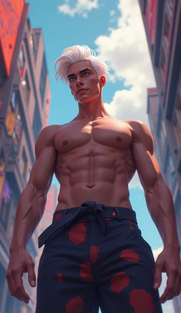 ((Masterpiece)), ((best quality)), ((high resolution)), ((Detailed background)), ((A collection of 8K CG wallpapers that are very detailed.)), alone, young man,white hair,bare , big penis ,short hair,smile,Thin waist,Six-pack abs,sexy chest muscles,sexy, Slim figure,fine texture, The perspective is from the bottom up. ,