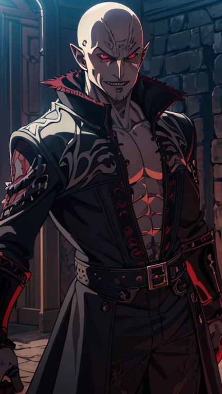 (1boy, Nosferatur), (extremely detailed CG unit 8k wallpaper),(master part), (best quality), (ultra detail), (best illustration),(wanostyle), cowboy shot, (Sharp eyeliner, ombre, detail eyes), dark dungeon interiors background, ,break , (vamptech), vampire, Cruella, bald, masquerade, pale skin